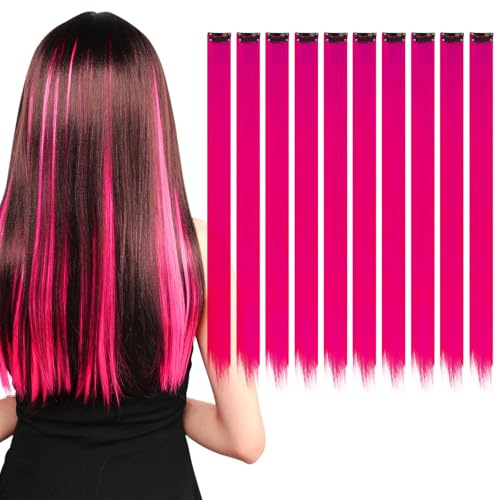 KAIYAYA 10 pcs Extensions de cheveux colorées, extensions à clips pour enfants, extensions de cheveux résistantes à la chaleur, clips pour femmes, filles, enfants (Rose rouge)