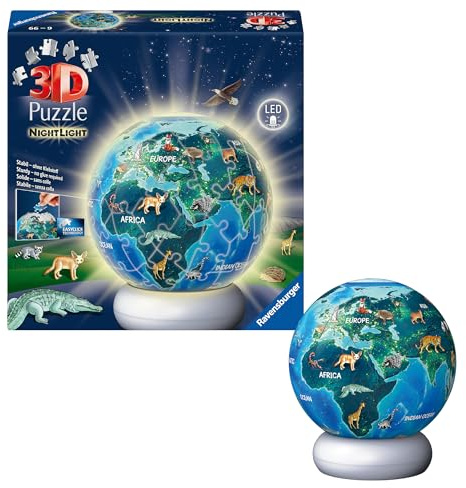 Ravensburger 3D Puzzle Earth with Animal Motifs - 3D Puzzle Children from 6 Years - Puzzle Ball with LED Night Light as Bedside Lamp for Children - Children's Globe Gifts for Girls and Boys - 12008055