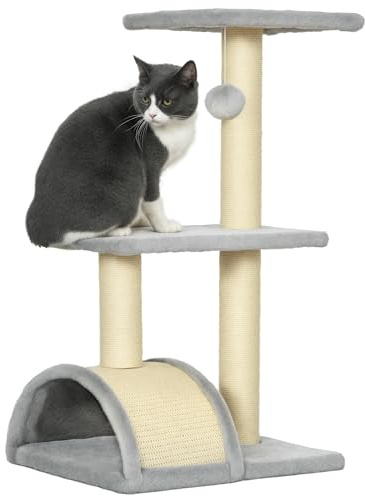 PawHut Árbol Rascador para Gatos Mediano, Árbol para Gatos de 3 Niveles con Alfombra Rascadora en Arco, 2 Plataformas, Postes de Sisal y Bola Colgante, Gris Claro