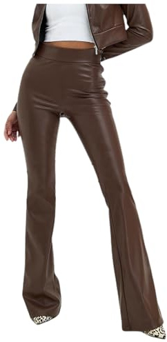Generisch Pantaloni da donna in similpelle con vita alta, tinta unita, PU, pantaloni a zampa lucidi, vestibilità slim, pantaloni a zampa, marrone, XL
