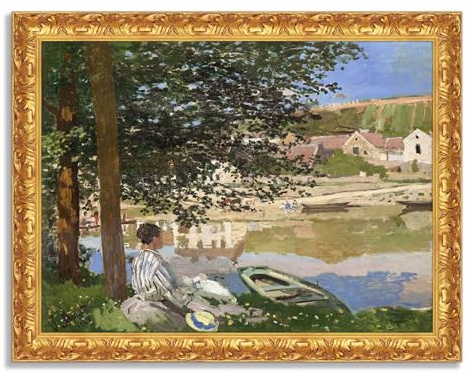 LuxHomeDecor Claude Monet - La Grenouillère - Quadro stampa su tela effetto dipinto con cornice in legno oro classico - 80x60 cm