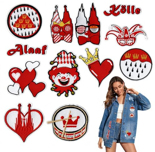 KLINNA Set di 12 Immagini Termoadesive Carnevale di Colonia, Toppe da Stirare Rosso Bianco per Vestiti, Costumi e Jeans, Patch Hippie Colonia alla moda come Accessori Abbigliamento Unici per Carnevale