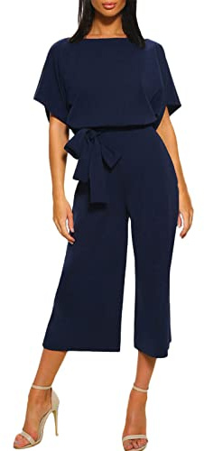 Jumpsuit med rakt ben för kvinnor – lösa säckiga hängselbyxor för kvinnor komfort lediga overaller semester resor vardag bodysuit elegant kortärmad enfärgad overall rak midja byxdress, Marinblått Xsp