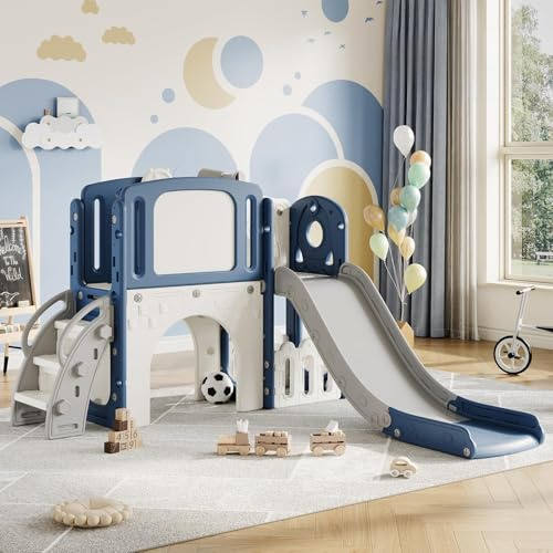 ZoomBuggy 8-in-1 Kinderrutsche Indoor & Outdoor – Mit Klettergerüst, Basketballkorb, Teleskop, Tunnel & Stauraum, Extralange Rutschbahn, Sicher Und Stabil Für Kinder 1-6 Jahre, Blau