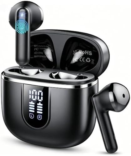 Auriculares Inalambricos Bluetooth, Auriculares Bluetooth 5.4, 40H HiFi Estéreo Cascos Inalambricos Bluetooth con Reducción de Ruido 4 Mic, IP7 Impermeable, Pantalla LED, Audifonos Ajuste Cómodo/USB-C