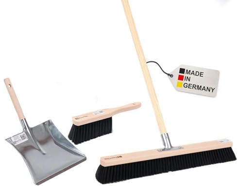 BawiTec Profi Kehrbesen Set Kehrset Besen 60cm Saalbesen #0808 Stiel Ø28mm,Holzstiel Länge 160cm,Handfeger 28cm,Metall-Kehrschaufel mit Holzgriff,feine weiche Kunsthaar-Borsten,Industriebesen