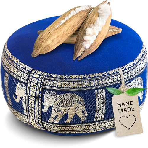livasia Meditationskissen Thaiseide - Ø 32x20cm - Yogakissen klein mit Kapok, Pouf, Bodenkissen Yoga Zen Meditation, Sitzkissen Garten Balkon, Zafukissen handgefertigt (Blau/Elefanten Seide)
