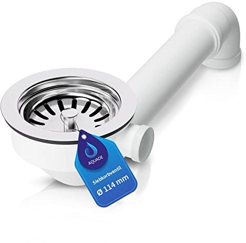 AQUADE Silkorgventil 114 mm med rymdarbetare och 1 tums anslutning för bräddavlopp, rund, kök, avloppsarmatur, diskbänk med bräddavlopp, anslutning