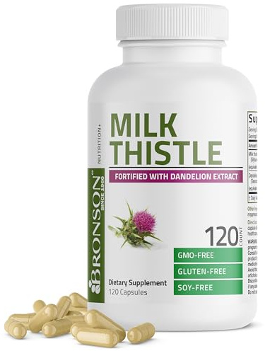 Bronson Milk Thistle Silymarin Marianum & Dandelion Extract Liver Health Support, Antioxidant Support, Detox, 120 Capsules