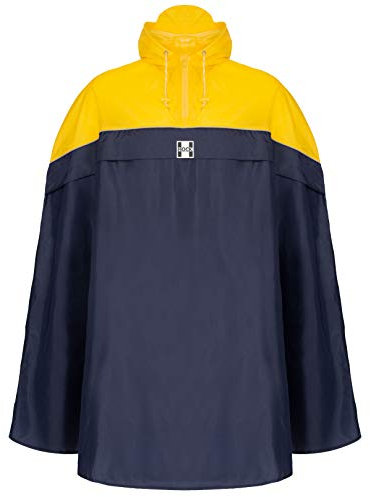 HOCK Fahrrad Regenponcho mit praktischer Rucksackfalte – Fahrradponcho 100% wasserdicht mit Reflektor – Herren Damen Regencape – Hochwertige Regenbekleidung Regenschutz (marine/gelb, L)