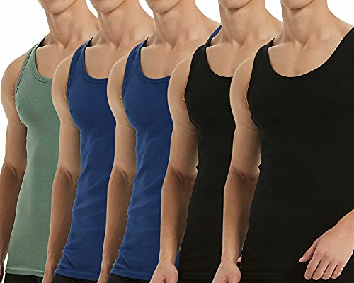 Falechay Débardeur Homme Lot de 5 Maillot de Corps 100% Coton Musculation Sport Maillot de Corps Noir Bleu Vert L