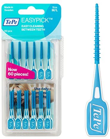 Stick interdentale TePe EasyPick, Blu, ISO M-L, 60pz, rimozione placca, pulizia interdentale efficace, stick interdentale duraturo per spazi medi, contenitore tascabile incluso