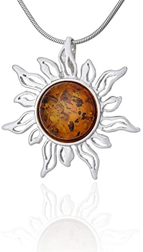 AMBEDORA, collana d'ambra da donna, argento 925, ciondolo a forma di sole d'ambra su catenina, set pronto da regalare