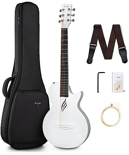 Enya Nova Go Akustikgitarre aus Kohlefaser, 1/2-Größe, Anfänger Gitarre für Erwachsene, Reisen Akustik Gitarre mit Geschenkverpackung, EVA-Gigbag, Gitarrengurt, Reinigungstuch (Weiß)