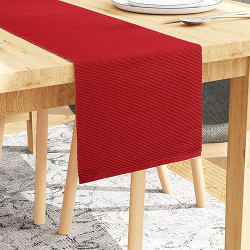 Encasa XO Tischläufer | Garngefärbte Feinripp-Baumwolle | Größe 32x200 cm | Solide rot | Maschinenwaschbar