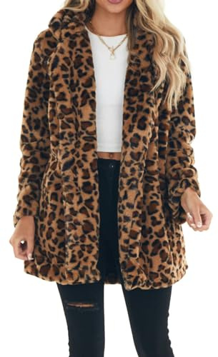 FEOYA Women's Winter Coats Leopard Print Faux Fur Coat Fuzzy Cardigan Oversized Open Front Fleece Jacket Baggy Shaggy Lapel Cardigan Long Sleeve Loose Fit Coat with Pockets Outwear Autumn Winter XL