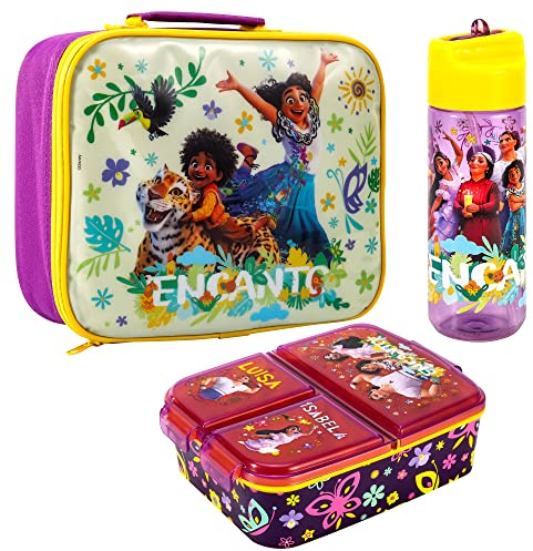 Zawadi Global Kids Childrens Lunch Box Set – Insulated Lunch Bag, Multicompartment Lunch Box & 540ml Water Bottle - School Travel Lunch Food Set, BPA Free (Encanto)