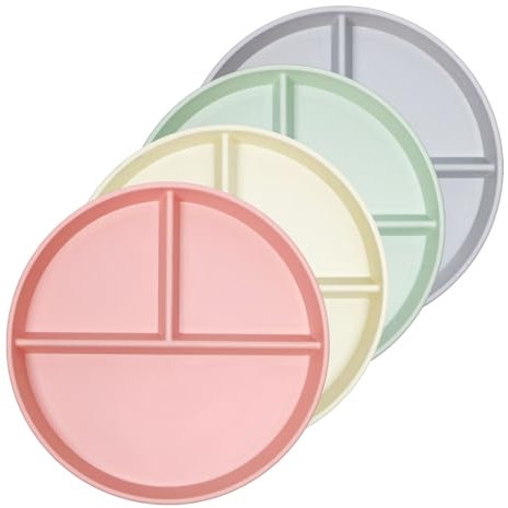 greenandlife Lot de 4 Assiettes Divisées, 22.8cm Assiette Plastique Reutilisable，Plate à Compartiments Incassable pour adultes et petits enfants, sans BPA，Passe au Micro-Ondes et au Lave-Vaisselle