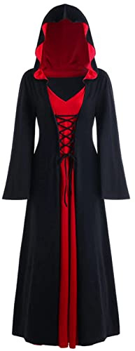CNVAUIE Vestido de bruja vintage de Halloween, vestido medieval renacentista, disfraz de bruja vampiro de Halloween con capucha