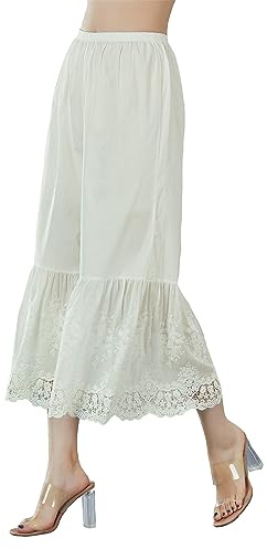 EAUTELICATE Capri Pantalon De Pyjama Femme Été Jupon sous-Jupe en 100% Coton Vintage Pantacourt Longue Ample Évasé à La Maison avec Dentelle Crème, S