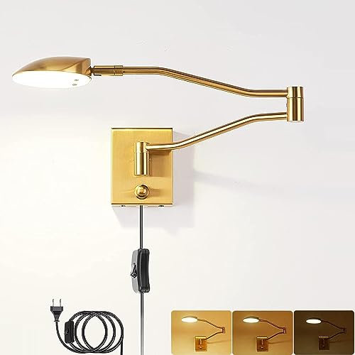 EOEO 9W LED Wandleuchte Innen 4000K Warmweiß Dimmbar Verstellbare Wandlampe mit Schalter, 270°+180° Drehbar Nachttischlampe Wand Leselampe mit Stecker und Kabel,für Schlafzimmer Wohnzimmer Büro,Gold