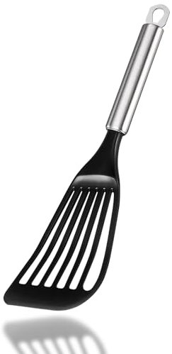 Contiup Cooking Fish Spatula,Nylon Square Slotted Egg Spatula Turner with Stainless Steel Handle,Thin Egg Flipper Utensils for Nonstick Cookware,Black