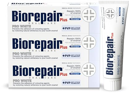 BIOREPAIR Plus Pro White - Whitening Toothpaste Adults & Kids, Repairs Enamel Surface & Pervents Stains, Flouride Free Toothpaste for Sensitive Teeth, Restores Natural Whiteness, 75mlx3, Made in Italy