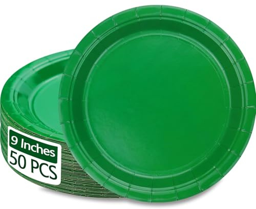 PTECDROTS 50 PCS Green Paper Plates - 9” Dark Green Disposable Plates Round Dinner Plates for BBQ Birthday Party Picnic Supplies Daily Use Christmas Party Supplies