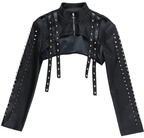 YINGWIN Gothic Long Sleeve Smock Punk Studded PU Leather Blouse High Street Cool Jacket Rave Ultra Short Zip Top