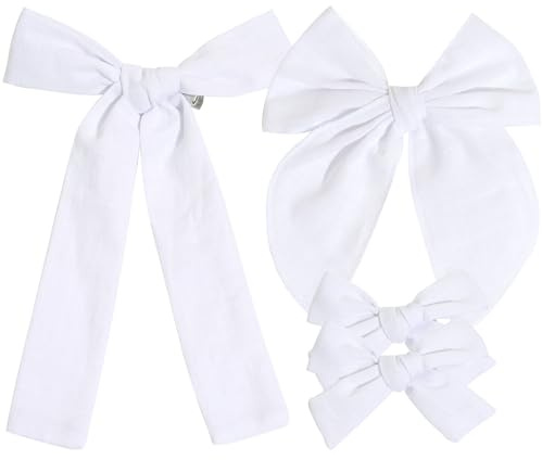 4 PCS White Cotton Linen Hair Bows for Toddler Girls, 3 Styles 5 & 3.5 Handmade Hair Bow Set Hair Accessories for Little School Girls