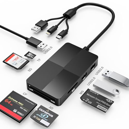 Adattatore per lettore Memory Stick Pro Duo, 8 in 1 SD/MS/TF/CF/XD Lettore di Schede, Con 3 Porte USB 2.0, Lightning+USB A+TYPE C, supporto per lettore di schede di memoria multiple OTG