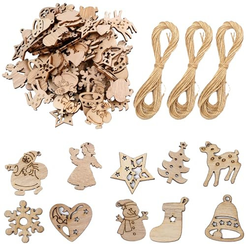 100 Stück Holzanhänger Eeihnachten Dekorationen, Kleine Hölzerne Anhänger, Weihnachtsanhänger, Dekoration mit Hanfseil, Christbaumschmuck Holz, Weihnachts Anhänger, Deko Weihnachten klein,DIY Handwerk