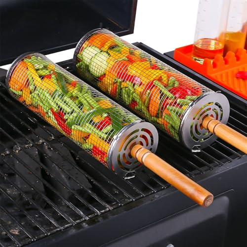 Paniers De Grill Roulant 2pcs, Accessoires De Barbecue Avec Poignée En Bois, Fourchettes Et Crochets, 304 En Acier Inoxydable, Camping En Plein Air, Légumes, Crevettes (2 x Ronde)