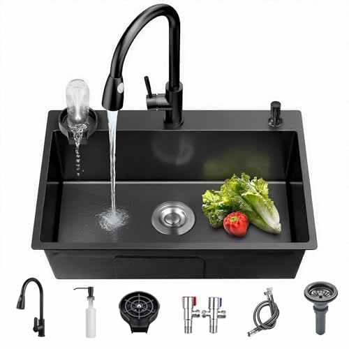 Coubird Fregadero de cocina de acero inoxidable negro con montaje bajo encimera, fregadero de cocina pequeño de un solo seno con accesorios de desagüe, adecuado para cocinas, autocaravanas, bares y