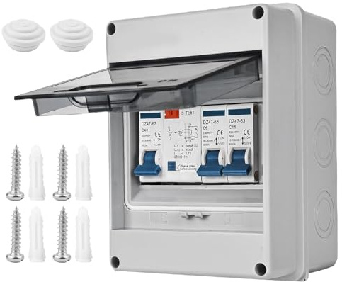 SPORWAY 2 Way Garage Consumer Unit Circuit Breaker: IP65 Leakage Circuit Breaker with 40A 30mA RCD and Two 6A+16A MCBs, Waterproof Distribution Box, for Garages Caravans Workshops (110x150x90mm)