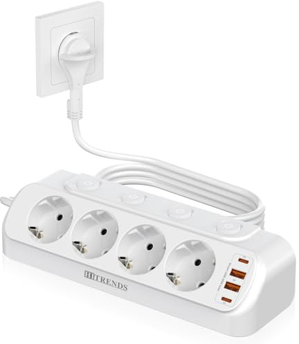 Bordsuttag med USB C, 20 W, 4-faldigt hörnuttag, platt kontakt, 8-i-1 grenuttag med 4 USB-multiuttag, 4-vägs omkopplingsbart grenuttag, vit 3 m kabel
