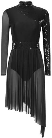 Yiesvsov Robe De Patinage Artistique Femme Manches Longues Robe De Danse Lyrique Paillettes Patchwork Ballet avec Jupe Asymétrique Roller Costume Noir S