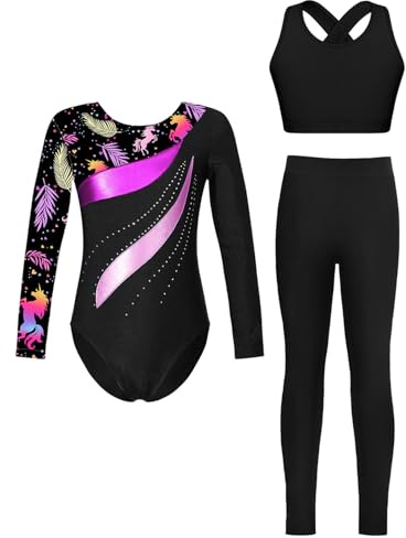 Xnihocha Costume De Gymnastique Pour Enfants Fille Tenue De Gym Manches Longues Body Avec Haut Et Pantalon Tenue D'entraînement Noir 7-8 ans