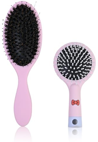 FooYee 2 Pack Boar Bristle Hair Brush Set, Pink Hair Extension Brush & Portable Mini Travel Detangler, Anti-Static Soft Paddle Brush for Wet or Dry Hair, Smoothing & Shine for Women Kids