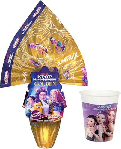 Dolfin Uovo di Pasqua K-POP Demon Hunters Golden, Cioccolato al Latte, 250g, con Sorprese Collezionabili + Bicchieri K POP