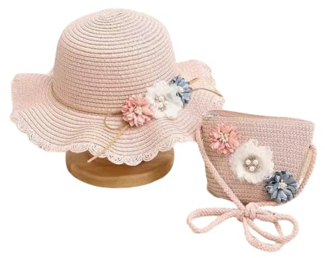 CHENGLI 2PCS Kids Sun Hat and Cute Flowers Woven Bag S-et, Straw Hat and Bag Set,Breathable Sun Protection Hat Set,Summer Straw Wide Hat for Vacation, Travel and Outdoor Activities Pink