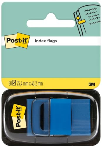 Post-it Index Flags, Medium, Blue, 1 Dispenser 25.4 mm x 43.2 mm, 50 Flags - to Mark, Highlight or Color Code Important Information