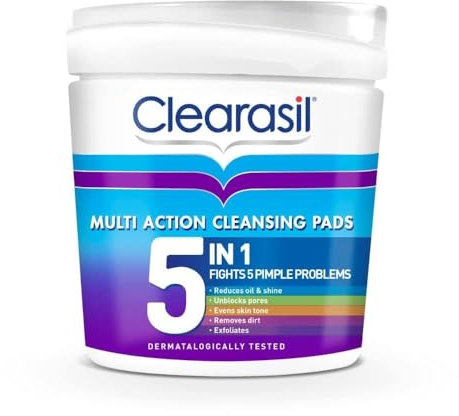 Clearasil 5-in-1 Ultra Cleansing Salicylic Acid Pads, Face Exfoliating for Acne Prone Skin, Unblock Pores, Reduces Blackheads, Pimples & Excess Oil, Everyday Spot Prevention, Pack of 65