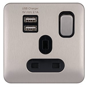 Schneider Electric GGBL30102USBABSSS Lisse Screwless Deco 1G 13A Sw SO SP w/2USB Bss, 240 V, Stainless Steel/Black