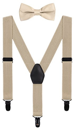 WANYING Set di Bretelle e Papillon per Unisex Bimbi Bambini da 1 a 5, Forma di Y Larghe 2,5 cm Bretelle con 3 Nere Clip Elastico e Regolabile - Beige