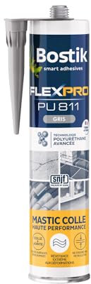 Bostik Mastic Colle Flexpro PU811 – Colle et Jointe Tous Matériaux – Multi-Usages – Intérieur/Extérieur et Milieux Humides – Formule Polyuréthane Haute Performance – Couleur : Gris – 300 ml