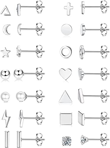 MILACOLATO 14 Paia Orecchini a Bottone Piccoli per Donna Uomo Acciaio Inossidabile Geometrici Zirconia Bar Luna Stella Croce Triangolo Cartilagine Trago Orecchini in Titanio Tono Argento Bu