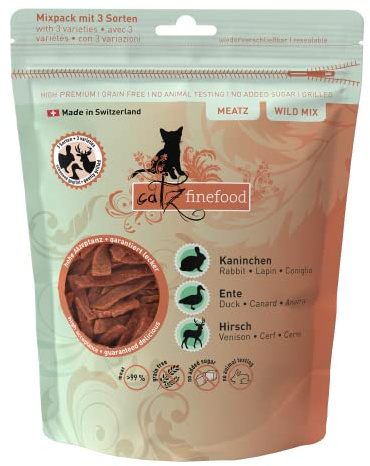 catz finefood Meatz - Snack per gatti Wild Mix – Strisce croccanti di particolari tipi di carne, per persone allergiche senza zucchero, senza cereali (1 x 45 g)