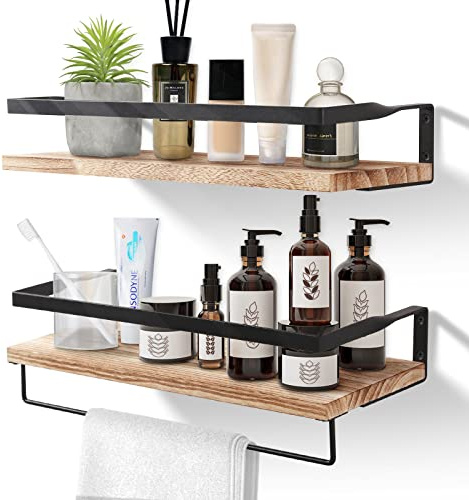 AGM Etagere Murale Lot de 2, Etagères Murales Flottantes en Bois, Porte-Serviettes et Crochets Amovible, Charge Maximale 15kg pour Salon, Chambre, Bureau, Salle de Bain, Cuisine