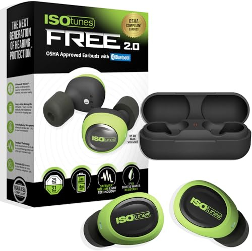ISOtunes Free 2.0 True Wireless Earbuds: Improved 25 dB Noise Reduction Rating, 22 Hour Total Battery Life, Noise Cancelling Mic, Passive Bluetooth Hearing Protector (Safety Green)